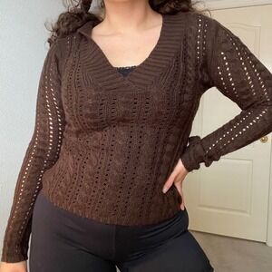 2000s‎ Y2K Brown Knit Beach Hoodie